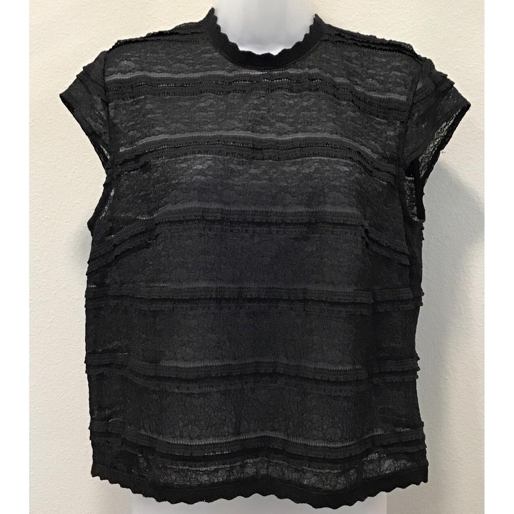 ALLEN SCHWARTZ‎ Sheer Black Lace Top Cap Sleeve Zipper Back Large
